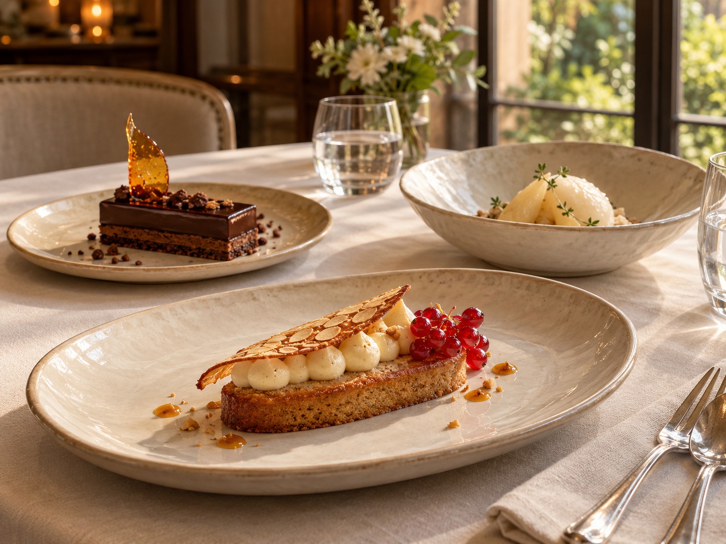 Sfeerbeeld met drie nieuw bedachte desserts op een gedekte tafel