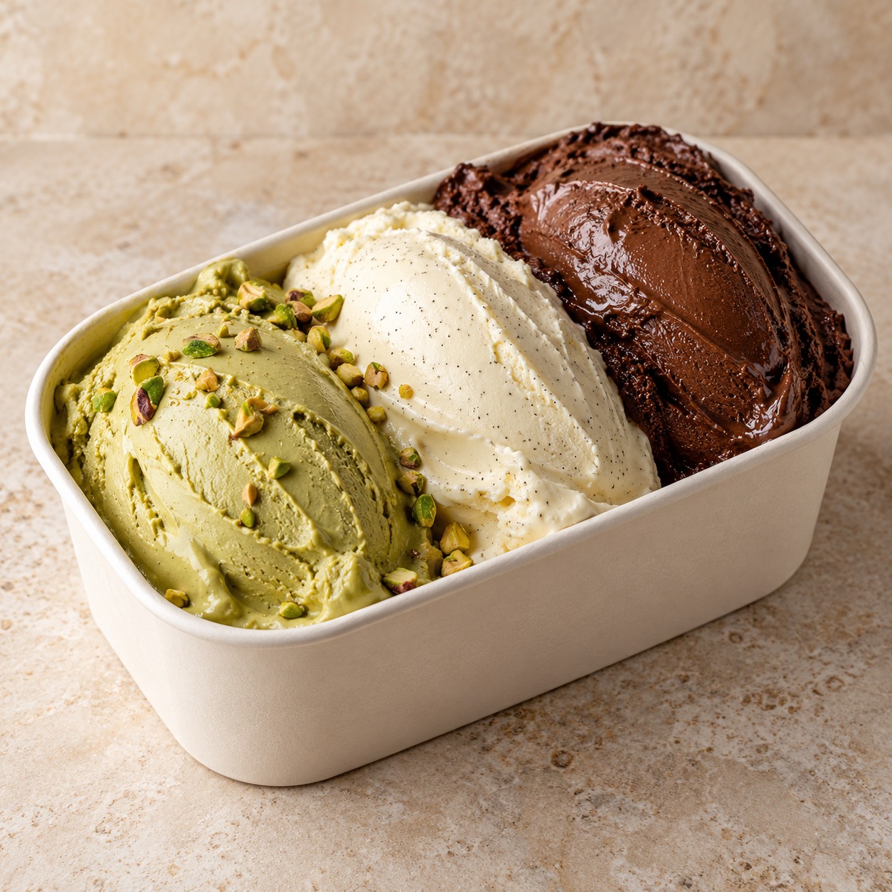 Voorbeeldfoto van gelato met pistache, vanille en chocolade