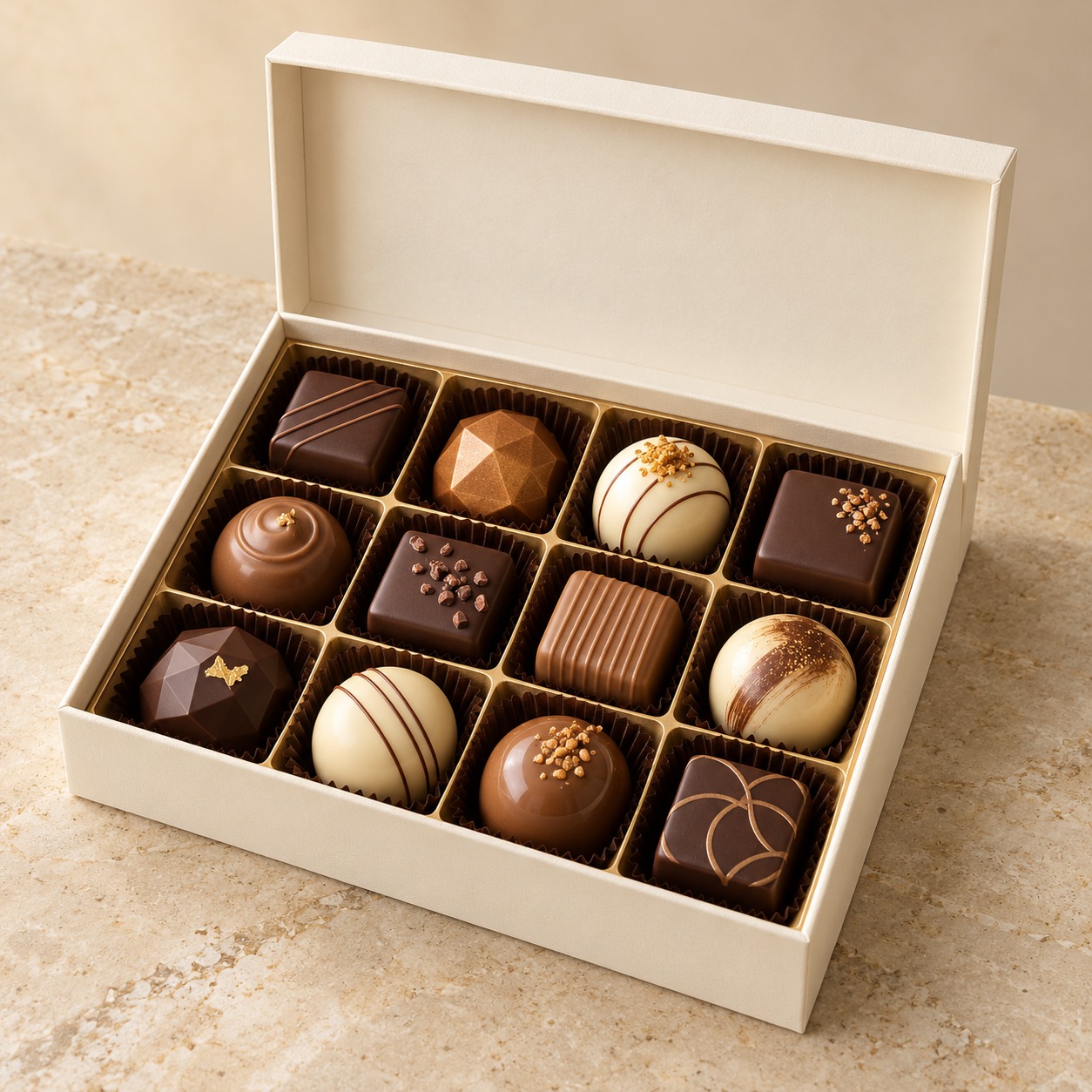 Voorbeeldfoto van een luxe doos met twaalf pralines